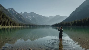 En person som prøver å fange fisk med et nett i en fredelig innsjø omgitt av fjell.