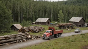 En detaljert bilde av en norsk skog med trær, en tømmerbil og en sagbruk i bakgrunnen.