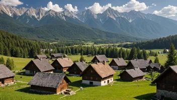 Et malerisk landskap av Høye Tatra-fjellene i Slovakia, med en tradisjonell slovakisk landsby i forgrunnen.