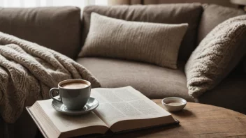 En avslappende lørdagsmorgenstemning med en person som nyter en kopp kaffe og leser en bok på en komfortabel sofa.