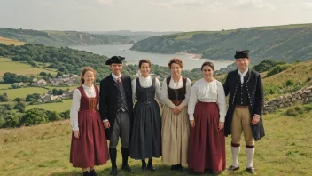 En gruppe bretonnere i tradisjonelle klær, stående foran et naturskjønt landskap i Bretagne, Frankrike.