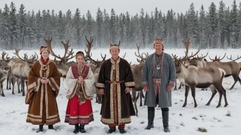 En gruppe østsamer i tradisjonelle klær, stående foran en reinsdyrflokk i et snølandskap.