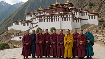 Et fargerikt bilde av tibetanere i tradisjonelle klær, med Himalaya-fjellene som bakgrunn.