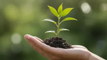 En person som holder en liten plante i hånden, med en grønn og bærekraftig bakgrunn.