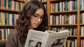 En person som sitter i en koselig stue og leser et litteraturtidsskrift, omgitt av bøker og papirer.