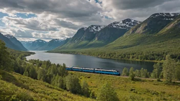 Et tog på Kongsvingerbanen som passerer gjennom et naturskjønt norsk landskap med fjell og skog i bakgrunnen