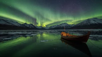 En Bolgas-båt i arktiske farvann, med et storslått landskap av snødekte fjell og nordlys.