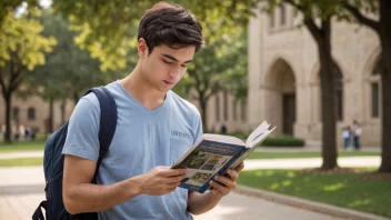 En student ser på et kurskatalog, noe som symboliserer de ulike studieprogrammene som er tilgjengelige ved et universitet.