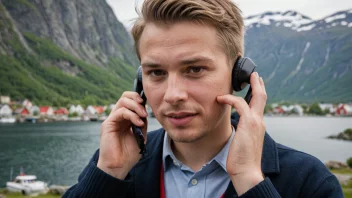 En person holder en telefon og ringer et nummer, med et norsk bybilde i bakgrunnen