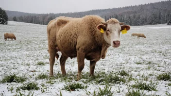 En ku som beiter på vintergrønt gress i et snødekt landskap.