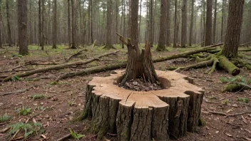 En trestubbe med noen få gjenværende grener, i en skog med andre trær i bakgrunnen.