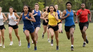 En gruppe mennesker i sportsutstyr som deltar i ulike idretter og atletiske aktiviteter, og viser sin engasjement og entusiasme.