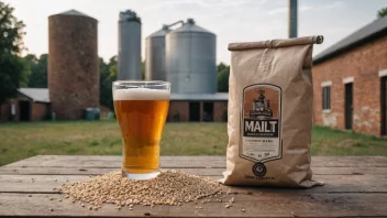 En pose malt på et trebord med et bryggeri i bakgrunnen