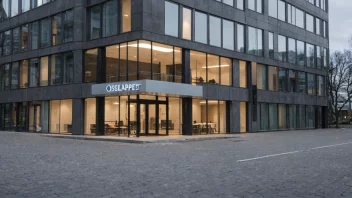 Et moderne kontorbygg i Oslo sentrum med en skilt som leser 'Osloselskapet' på forsiden.