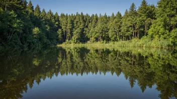 Et fredelig innsjø med en speilblank refleksjon av det omkringliggende landskapet.