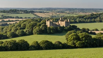 Et naturskjønt landskap i Kent, England, med rullende åser og et historisk slott.