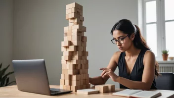 En person som bygger et tårn med blokker, med en bok eller en laptop i bakgrunnen.