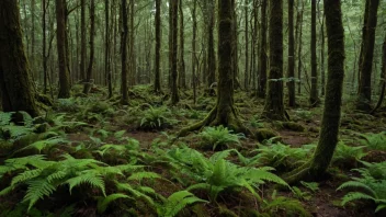 En mørkegrønn skog med et tett løvverk og en skogbunn dekket av moser og bregner.