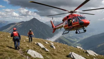 Et fjellredningsteam i aksjon, med en helikopter som hover over og redningspersonale som hjelper en stranded vandrer.