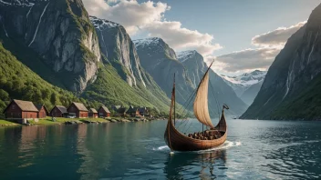 Et vikingskip som seiler gjennom fjordene i Norge.