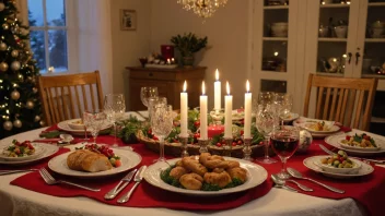 Et tradisjonelt norsk julebord med en rekke festlige retter, dekorasjoner og lys.