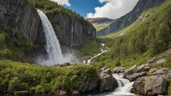 En vakker foss som kaskader ned en steinete skråning i en frodig grønn skog