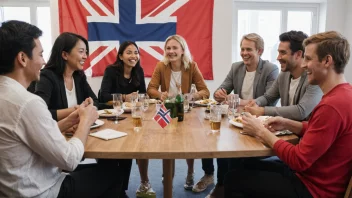 En gruppe mennesker fra ulike kulturer samlet rundt et bord, smiler og chatter, med et norsk flagg i bakgrunnen.