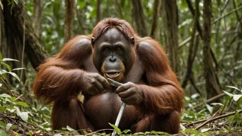 En orangutang som bruker en pinn til å hente mat fra et tre.