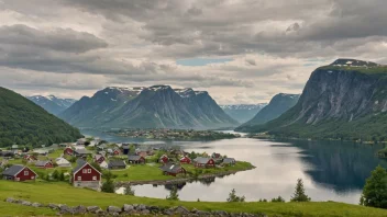 Et fredelig norsk landskap med en liten landsby i bakgrunnen.