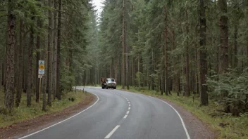 En tømmervei i skogen, med et skilt og en lastebil som kjører på veien.