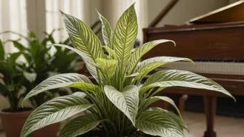 En vakker grønnhvit plante med en gitar i bakgrunnen.