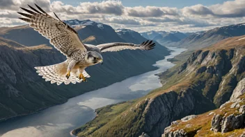 Et bilde av en kjerv i flukt, med et naturskjønt norsk landskap i bakgrunnen.