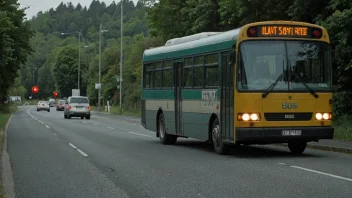 En buss som kjører sakte ned en vei med et klokke i bakgrunnen som viser en sen tid.