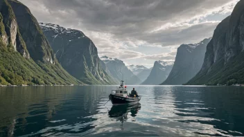 En illustrasjon av en fiskebåt i en norsk fjord, med en fiskeinspektør som observerer fiskeaktiviteten.