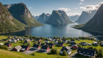 En pittoresk landsby i Norge med tradisjonelle hus og en storslagen natur.