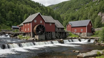 Et idyllisk landskap av en norsk vannmølle eller industriområde.