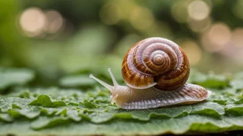 Et sneglehus med en spiralform, laget av kalk, med en uskarp bakgrunn av en hage eller park.