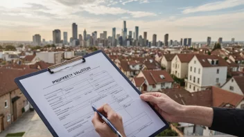 En person som holder en clipboard med en eiendomsvurderingsblankett, med en bakgrunn av en bysilhuett eller et hus.