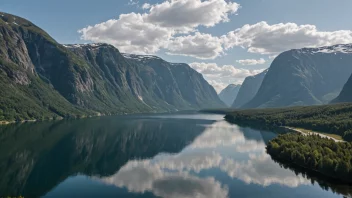 En fredelig og majestetisk utsikt over en norsk innsjø eller elv med fjell og skog i bakgrunnen.