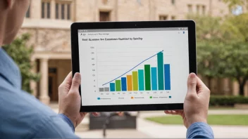 En person som holder en tablet med en graf som viser en økning i utdanningskvalitet.