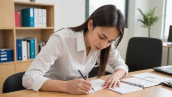 En person som sitter ved et skrivebord med en laptop og papirer, samtidig som de holder en bok eller en tegneblokk.