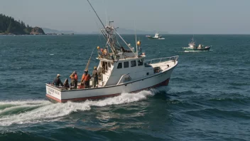 En fiskebåt på havet, med fiskere som drar inn et nett fullt av sjølaks.