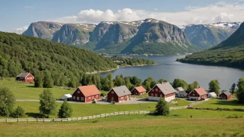 Et pittoreskt norsk landskap med en gård eller landsby i bakgrunnen og et skilt eller et hus med navnet Nesheim i forgrunnen