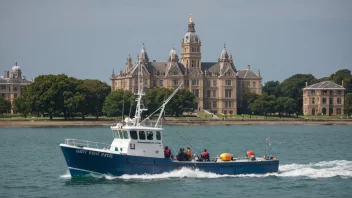 Et fiskefartøy seiler på havet, med en universitets- eller høgskolebygning synlig på land.