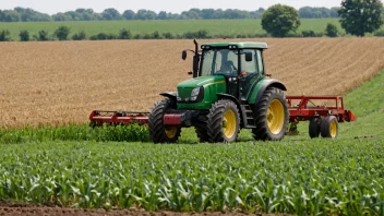 En agronom i et jorde, med en traktor og avlinger i bakgrunnen.