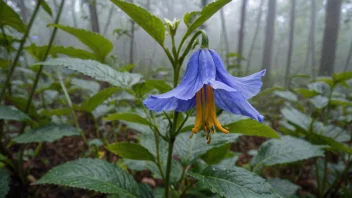 En blå, klokkeformet blomst med en gul midt, omgitt av frodige grønne blader og stengler.