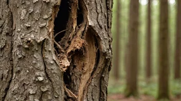 En trestamme med synlige tegn på forfall og skade fra borrende insekter eller sopp.