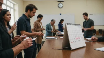 En scene som viser en voteringsrunde, med mennesker som avgir stemmene sine og en kalender som viser tidsplanen.