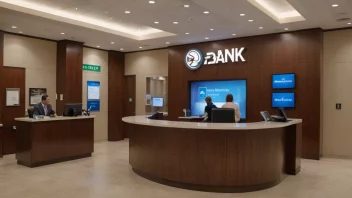 En banks interiør med ulike tjenester og produkter på display.