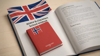 En illustrasjon av en skole regelbok eller en elevhåndbok med et norsk flagg i bakgrunnen.